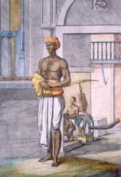 Bengali servindo como porteiro com um táxi de palanquim ao fundo, de "The Hindus, ou a descrição de suas maneiras, trajes e cerimônias", c.1808-12 (gravura colorida)